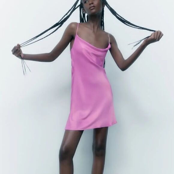 ZARA SATIN RHINESTONE STRAP SLIP DRESS Barbiecore Barbie Core - Picture 7 of 7